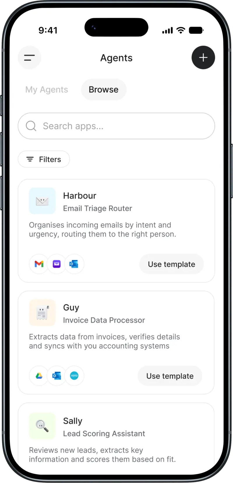 Zenning Agents on mobile — browsing Harbour, Guy and Sally AI employee templates