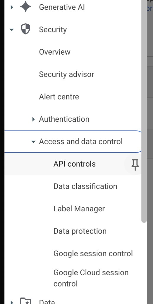 Google Admin console sidebar with Security → Access and data control → API controls highlighted.