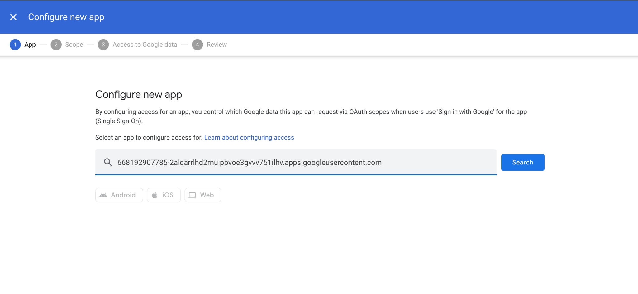 Configure new app search box with the Zenning AI OAuth client ID pasted in.