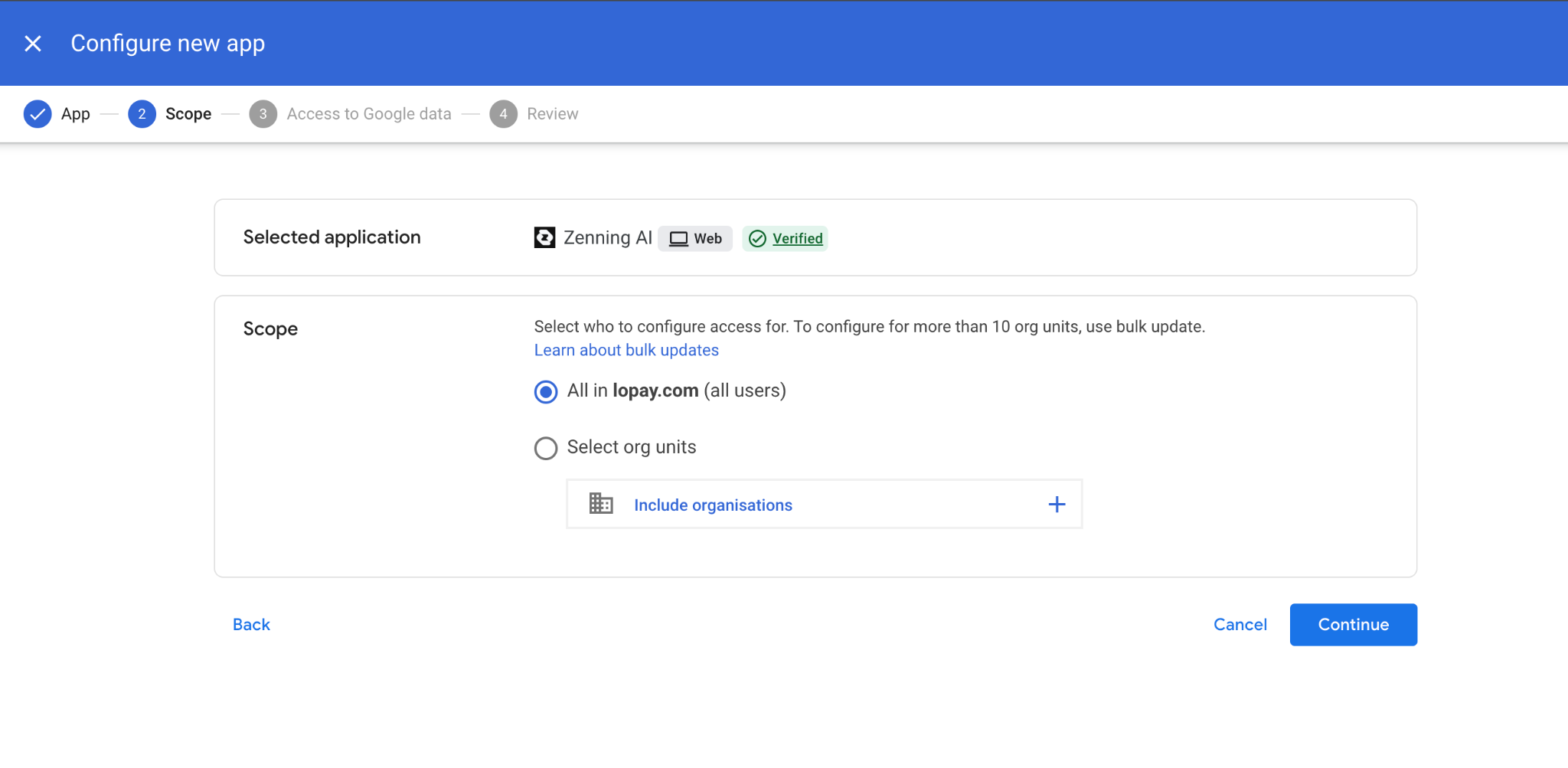 Scope selection screen with the entire organisation selected and the Continue button highlighted.