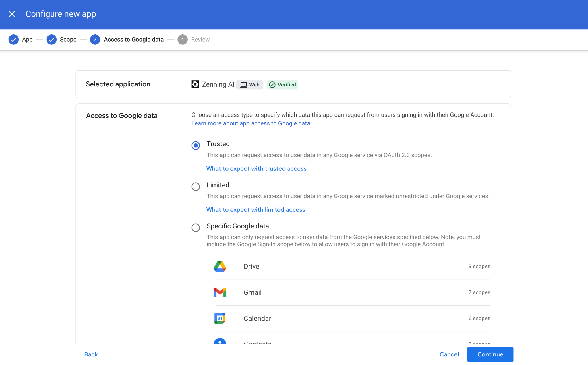 Access to Google data screen with the Trusted access level option selected for Zenning AI.